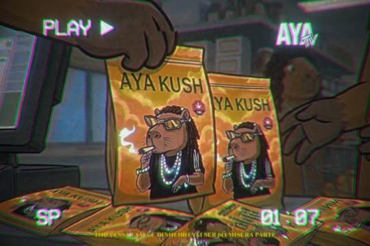 Cena animada com embalagens AYA KUSH e estética VHS