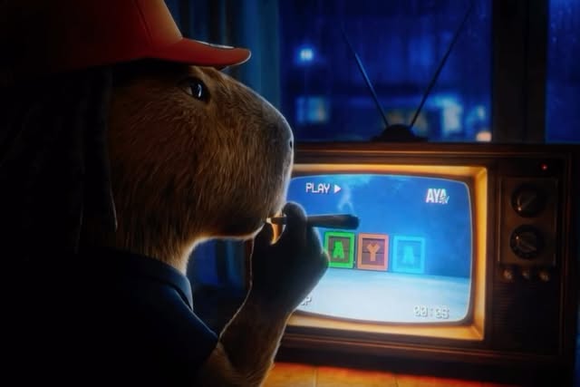 Personagem roedor diante de uma televisão em cena cinematográfica